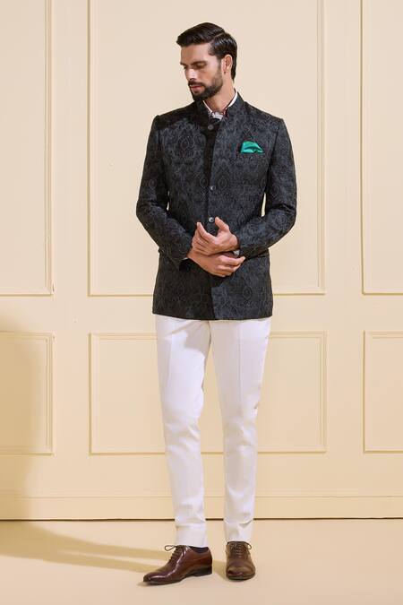 Shop_Raghavendra Rathore Jodhpur_Gray Brocade Embroidery Embellished Bandhgala _Online_at_Aza_Fashions