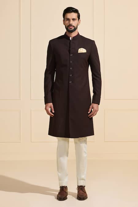 Raghavendra Rathore Jodhpur_Maroon Suede Classic Sherwani _Online_at_Aza_Fashions