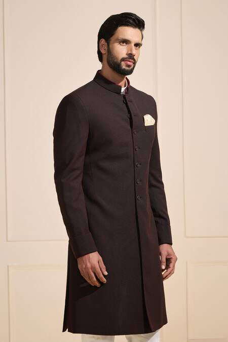 Shop_Raghavendra Rathore Jodhpur_Maroon Suede Classic Sherwani _Online_at_Aza_Fashions