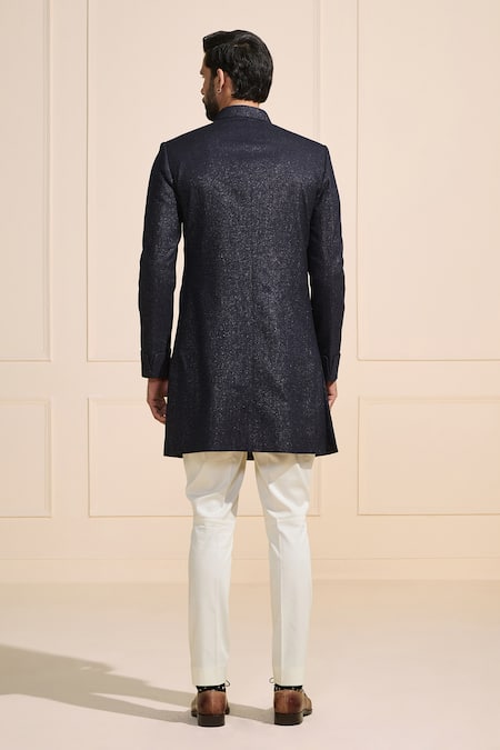 Shop Raghavendra Rathore Jodhpur Navy Suede Luxe Sherwani at Aza Fashions Shop_Raghavendra Rathore Jodhpur_Navy Suede Luxe Sherwani _at_Aza_Fashions