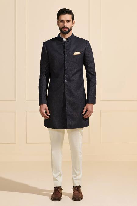 Raghavendra Rathore Jodhpur Navy Suede Luxe Sherwani Online at Aza Fashions Raghavendra Rathore Jodhpur_Navy Suede Luxe Sherwani _Online_at_Aza_Fashions