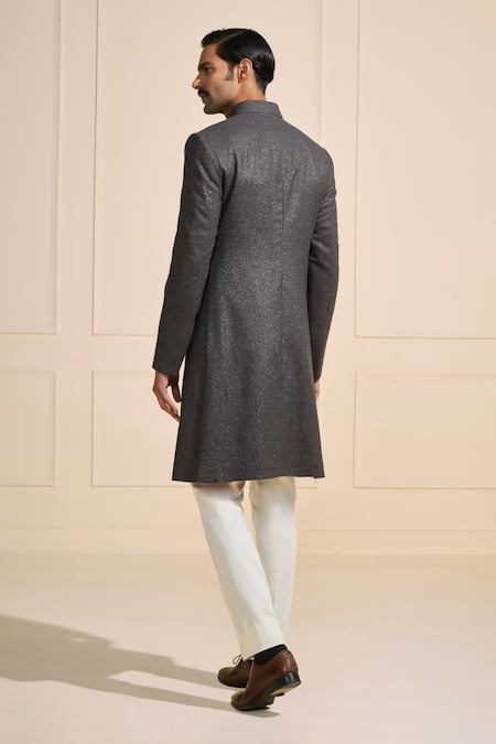 Shop Raghavendra Rathore Jodhpur Gray Suede Starlit Glitter Shadowed Grey Sherwani at Aza Fashions Shop_Raghavendra Rathore Jodhpur_Gray Suede Starlit Glitter Shadowed Grey Sherwani _at_Aza_Fashions