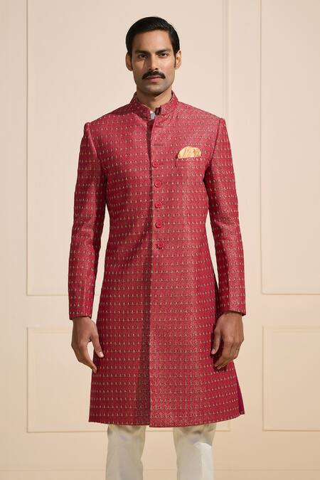 Raghavendra Rathore Jodhpur Red Brocade Embroidery Elegant Festive Sherwani Online at Aza Fashions Raghavendra Rathore Jodhpur_Red Brocade Embroidery Elegant Festive Sherwani _Online_at_Aza_Fashions