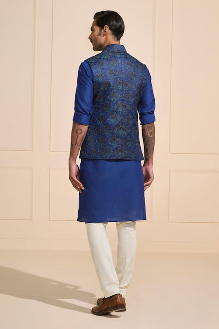 Shop Raghavendra Rathore Jodhpur Navy Brocade Embroidery Botanical Luxe Nehru Jacket at Aza Fashions Shop_Raghavendra Rathore Jodhpur_Navy Brocade Embroidery Botanical Luxe Nehru Jacket _at_Aza_Fashions