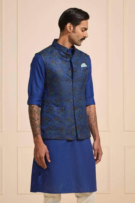 Raghavendra Rathore Jodhpur Navy Brocade Embroidery Botanical Luxe Nehru Jacket Online at Aza Fashions Raghavendra Rathore Jodhpur_Navy Brocade Embroidery Botanical Luxe Nehru Jacket _Online_at_Aza_Fashions