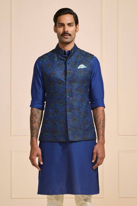 Buy Raghavendra Rathore Jodhpur Navy Brocade Embroidery Botanical Luxe Nehru Jacket Online at Aza Fashions Buy_Raghavendra Rathore Jodhpur_Navy Brocade Embroidery Botanical Luxe Nehru Jacket _Online_at_Aza_Fashions