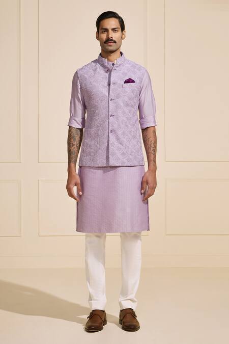 Raghavendra Rathore Jodhpur_Lavender Silk Embroidery Nehru Jacket _Online_at_Aza_Fashions