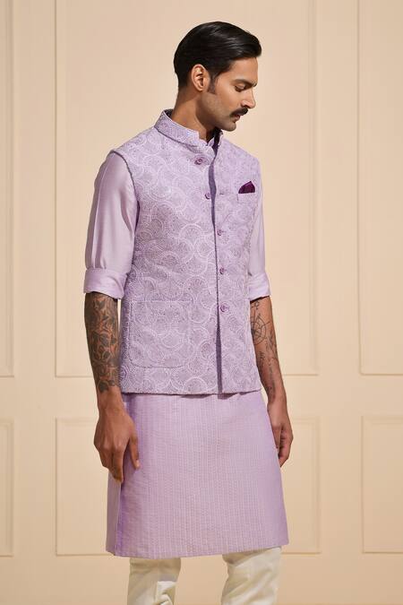 Buy_Raghavendra Rathore Jodhpur_Lavender Silk Embroidery Nehru Jacket _Online_at_Aza_Fashions