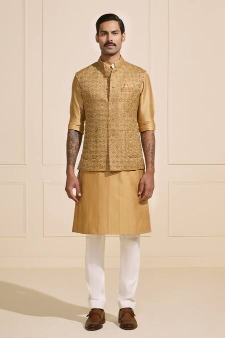 Raghavendra Rathore Jodhpur_Gold Brocade Embroidered Nehru Jacket Set _Online_at_Aza_Fashions