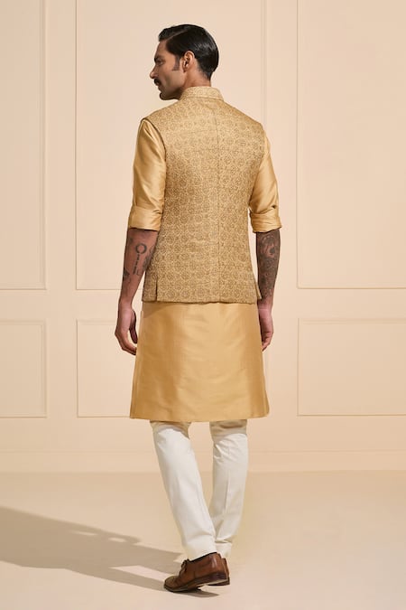 Raghavendra Rathore Jodhpur Embroidered Gold Nehru Jacket Set 