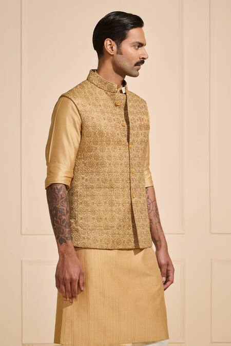 Buy_Raghavendra Rathore Jodhpur_Gold Brocade Embroidered Nehru Jacket Set _Online_at_Aza_Fashions