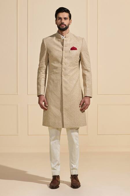 Raghavendra Rathore Jodhpur Beige Silk Embroidery Gilded Designer Achkan Online at Aza Fashions Raghavendra Rathore Jodhpur_Beige Silk Embroidery Gilded Designer Achkan _Online_at_Aza_Fashions