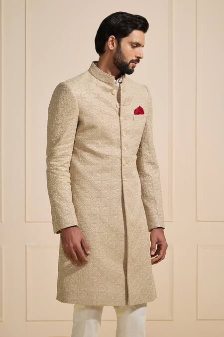 Buy Raghavendra Rathore Jodhpur Beige Silk Embroidery Gilded Designer Achkan Online at Aza Fashions Buy_Raghavendra Rathore Jodhpur_Beige Silk Embroidery Gilded Designer Achkan _Online_at_Aza_Fashions
