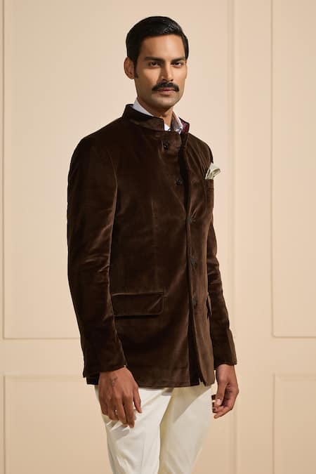 Raghavendra Rathore Jodhpur_Brown Cotton Regal Espresso Velvet Bandhgala _Online_at_Aza_Fashions