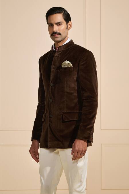 Buy_Raghavendra Rathore Jodhpur_Brown Cotton Regal Espresso Velvet Bandhgala _Online_at_Aza_Fashions