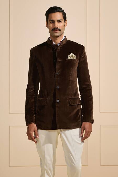 Shop_Raghavendra Rathore Jodhpur_Brown Cotton Regal Espresso Velvet Bandhgala _Online_at_Aza_Fashions