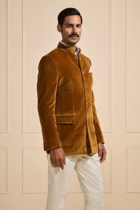 Buy_Raghavendra Rathore Jodhpur_Brown Wool Regal Amber Velour Bandhgala _Online_at_Aza_Fashions