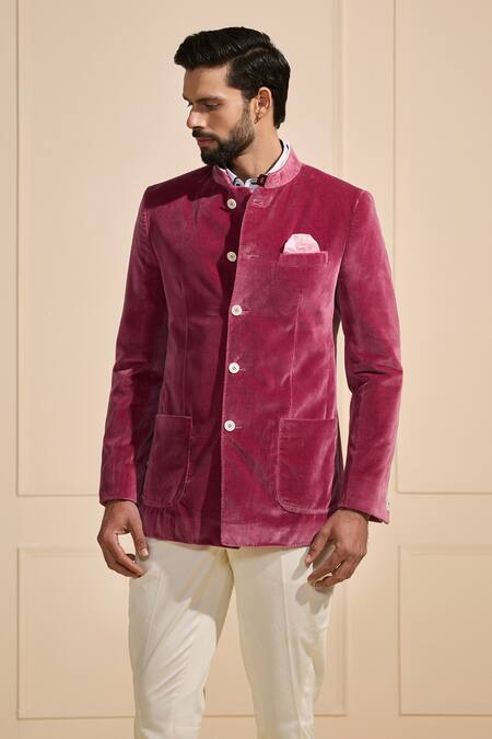 Shop Raghavendra Rathore Jodhpur Pink Velvet Splendor Bandhgala Online at Aza Fashions Shop_Raghavendra Rathore Jodhpur_Pink Velvet Splendor Bandhgala _Online_at_Aza_Fashions