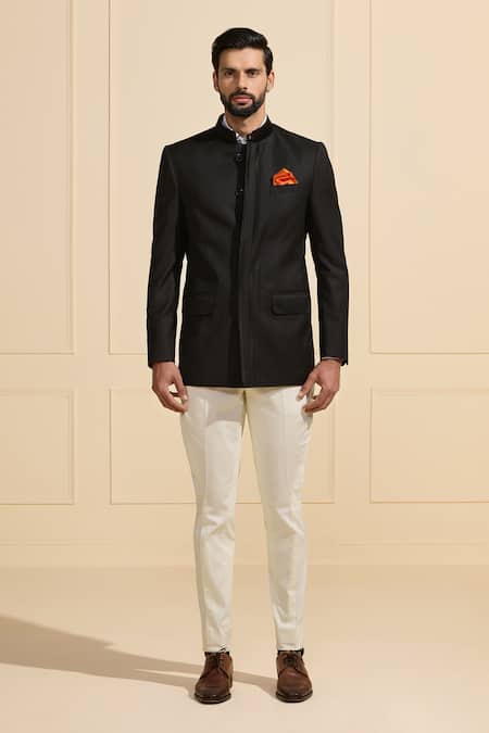 Raghavendra Rathore Jodhpur_Black Satin Sleek Fit Bandhgala _Online_at_Aza_Fashions