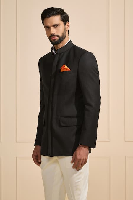 Shop_Raghavendra Rathore Jodhpur_Black Satin Sleek Fit Bandhgala _Online_at_Aza_Fashions
