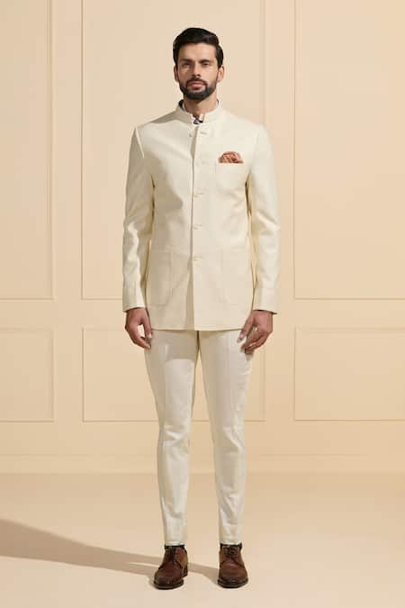 Raghavendra Rathore Jodhpur_Off White Suede Classic Charm Bandhgala  _Online_at_Aza_Fashions