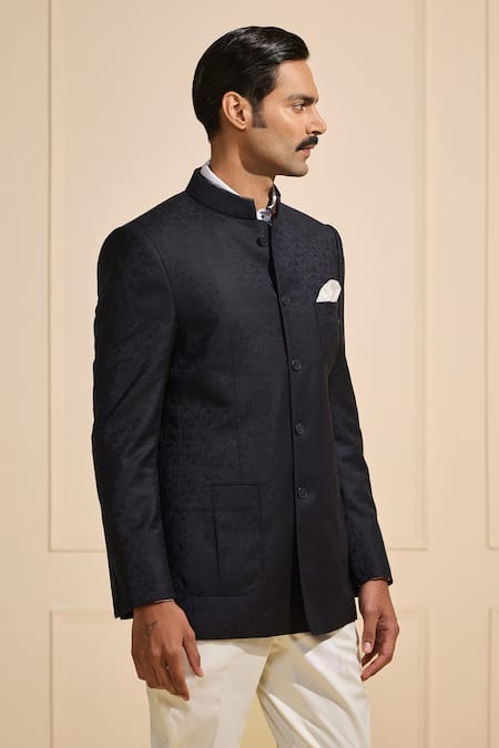 Shop Raghavendra Rathore Jodhpur Black Satin Classic Bandhgala Jacket Online at Aza Fashions Shop_Raghavendra Rathore Jodhpur_Black Satin Classic Bandhgala Jacket _Online_at_Aza_Fashions