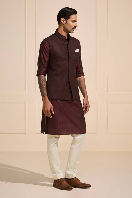 Raghavendra Rathore Jodhpur_Brown Silk Textured Nehru Jacket _Online_at_Aza_Fashions