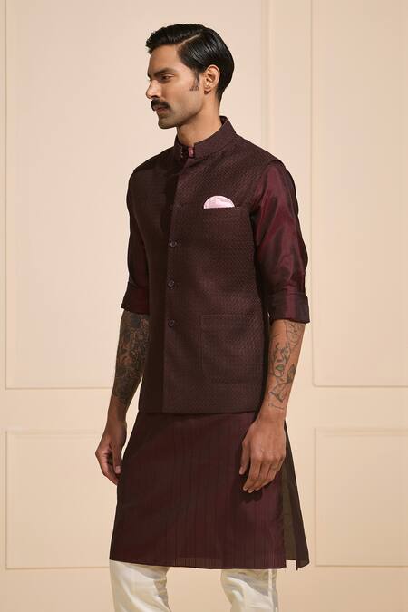 Buy_Raghavendra Rathore Jodhpur_Brown Silk Textured Nehru Jacket _Online_at_Aza_Fashions