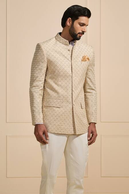 Raghavendra Rathore Jodhpur_Beige Silk Embroidery Textured Bandhgala _Online_at_Aza_Fashions