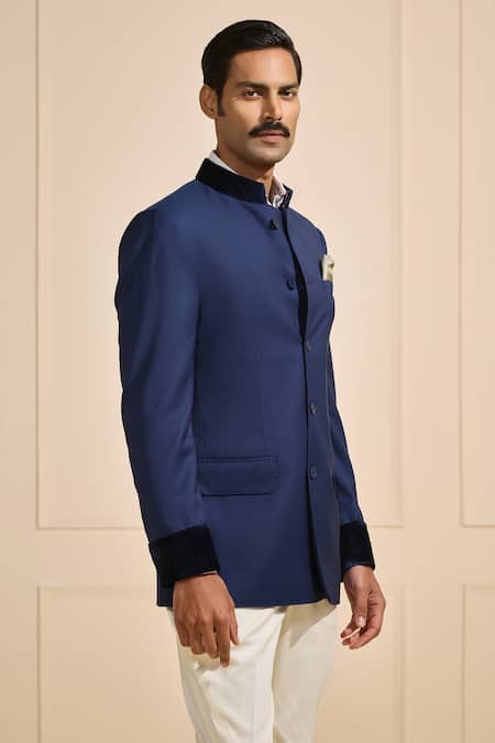 Raghavendra Rathore Jodhpur_Blue Satin Navy Luxe Elite Bandhgala With Contrast Details _Online_at_Aza_Fashions
