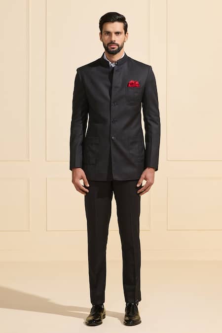 Raghavendra Rathore Jodhpur_Black Satin Sleek Bandhgala  _Online_at_Aza_Fashions