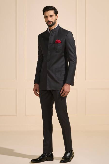 Buy_Raghavendra Rathore Jodhpur_Black Satin Sleek Bandhgala  _Online_at_Aza_Fashions