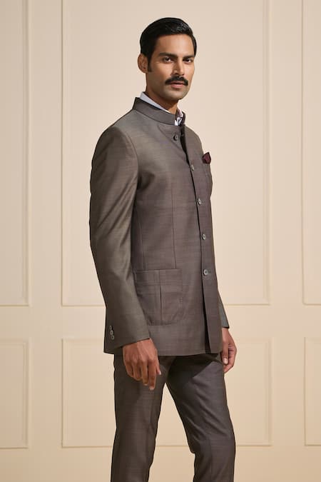 Raghavendra Rathore Jodhpur Gray Suede Steel Elegance Bandhgala Online at Aza Fashions Raghavendra Rathore Jodhpur_Gray Suede Steel Elegance Bandhgala _Online_at_Aza_Fashions