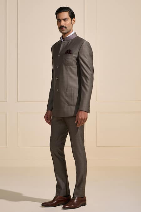 Buy Raghavendra Rathore Jodhpur Gray Suede Steel Elegance Bandhgala Online at Aza Fashions Buy_Raghavendra Rathore Jodhpur_Gray Suede Steel Elegance Bandhgala _Online_at_Aza_Fashions