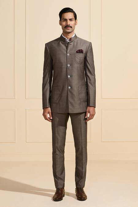 Shop Raghavendra Rathore Jodhpur Gray Suede Steel Elegance Bandhgala Online at Aza Fashions Shop_Raghavendra Rathore Jodhpur_Gray Suede Steel Elegance Bandhgala _Online_at_Aza_Fashions