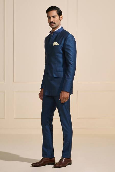 Shop_Raghavendra Rathore Jodhpur_Blue Suede Versatile Bandhgala  _Online_at_Aza_Fashions