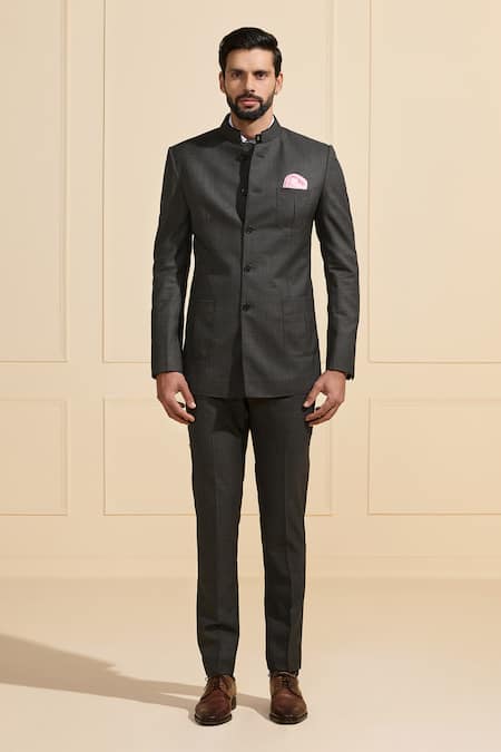 Raghavendra Rathore Jodhpur_Gray Satin Formal Bandhgala  _Online_at_Aza_Fashions