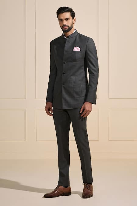 Buy_Raghavendra Rathore Jodhpur_Gray Satin Formal Bandhgala  _Online_at_Aza_Fashions