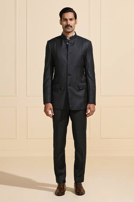 Raghavendra Rathore Jodhpur_Gray Satin Designer Black Bandhgala With Flap Pockets _Online_at_Aza_Fashions