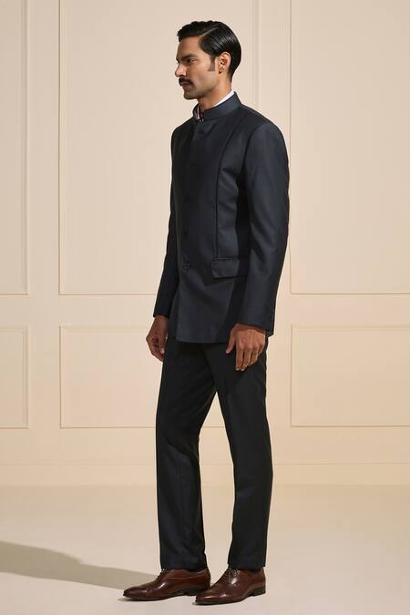 Buy_Raghavendra Rathore Jodhpur_Gray Satin Designer Black Bandhgala With Flap Pockets _Online_at_Aza_Fashions