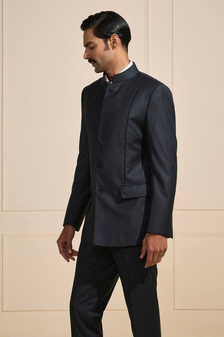 Shop_Raghavendra Rathore Jodhpur_Gray Satin Designer Black Bandhgala With Flap Pockets _Online_at_Aza_Fashions