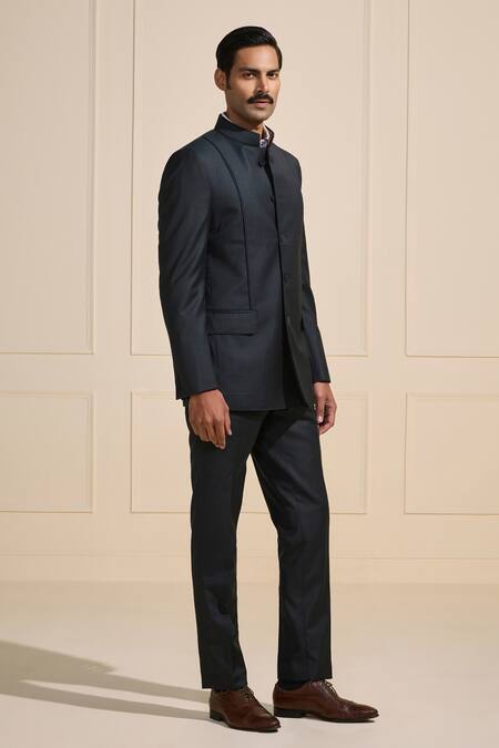 Raghavendra Rathore Jodhpur_Gray Satin Designer Black Bandhgala With Flap Pockets _at_Aza_Fashions