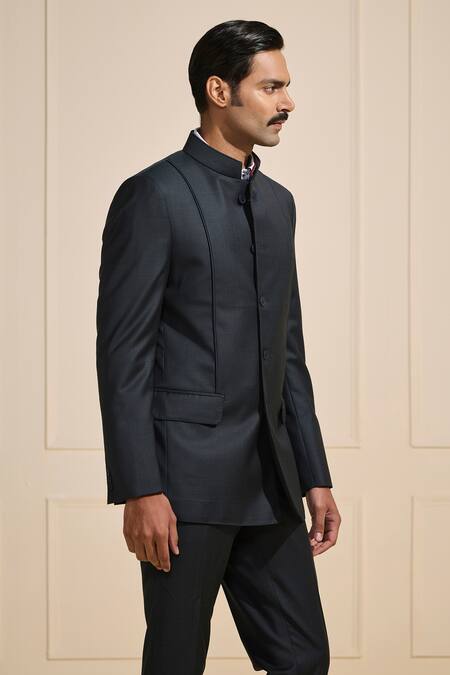 Buy_Raghavendra Rathore Jodhpur_Gray Satin Designer Black Bandhgala With Flap Pockets 