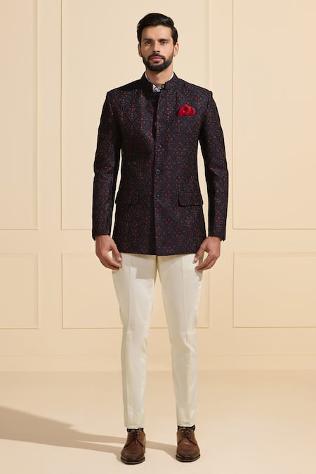 Raghavendra Rathore Jodhpur_Navy Silk Embroidery Heritage Textured Bandhgala  _Online_at_Aza_Fashions