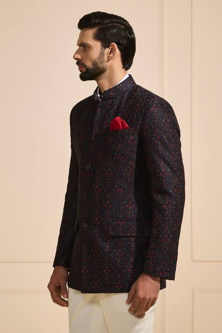 Buy_Raghavendra Rathore Jodhpur_Navy Silk Embroidery Heritage Textured Bandhgala  _Online_at_Aza_Fashions