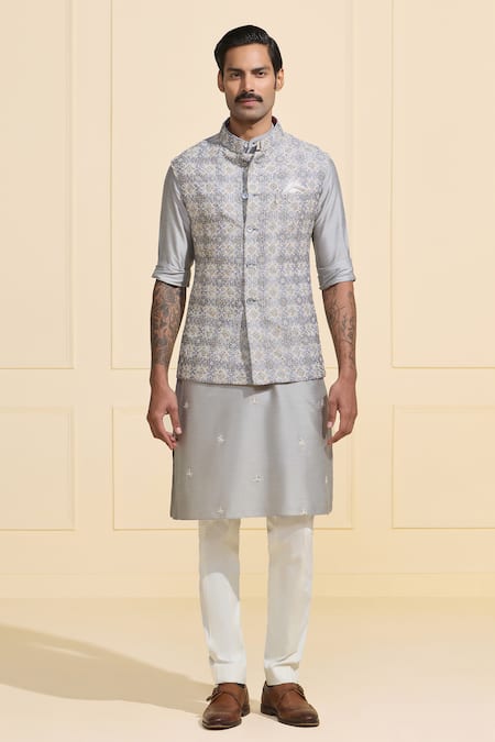Raghavendra Rathore Jodhpur_Gray Silk Embroidery Designer Grey Raw Nehru Jacket _Online_at_Aza_Fashions