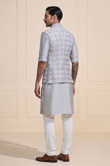Raghavendra Rathore Jodhpur Designer Grey Raw Silk Nehru Jacket 