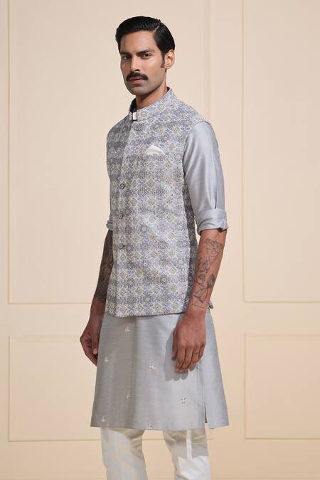 Buy_Raghavendra Rathore Jodhpur_Gray Silk Embroidery Designer Grey Raw Nehru Jacket _Online_at_Aza_Fashions
