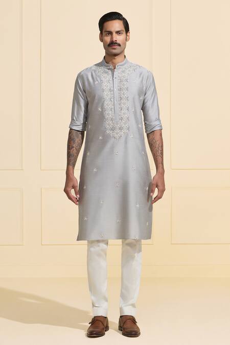 Raghavendra Rathore Jodhpur_Gray Silk Embroidery Silver Mist Raw Kurta _Online_at_Aza_Fashions