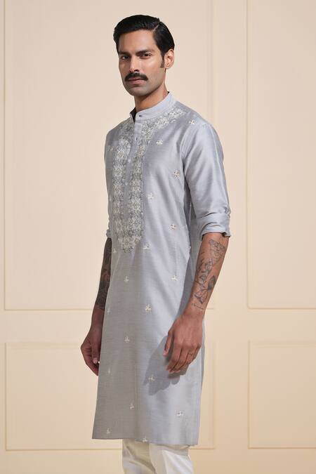 Buy_Raghavendra Rathore Jodhpur_Gray Silk Embroidery Silver Mist Raw Kurta _Online_at_Aza_Fashions